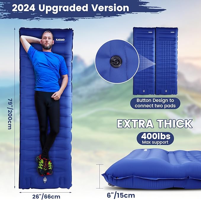 KASIMO Camping Sleeping Pad Ultra Thick 6 Inch Sleeping Mat with Pillow & Built-in Foot Pump - Ultralight Inflatable Pad for Backpacking, Hiking, Tents, Camping, Travel, Floor