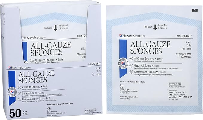 Premium 100% Cotton All-Gauze Sponge 4x4 12 Ply Sterile Square for Wound Care & Home First Aid Kits - 50/Box