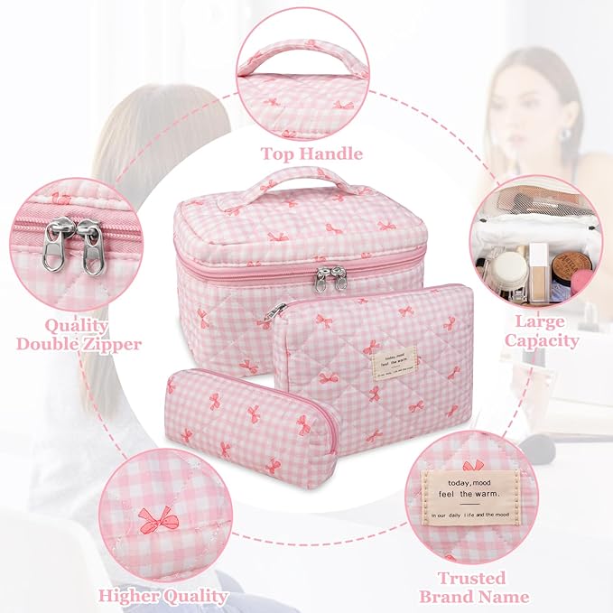 3PC Makeup Bag Set, Quilted Makeup Bag, Large Floral Cosmetic Bag for Women, Cute Cotton Makeup Bags, Flower Travel Toiletry Organizer Bag(Pink Plaid Bow)