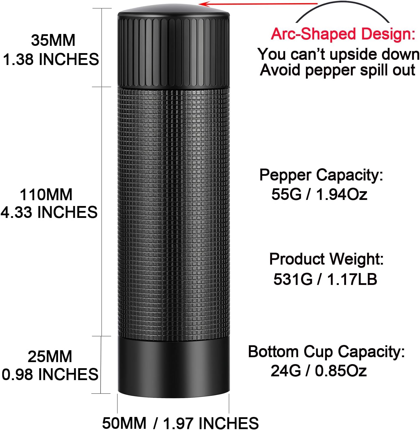 ARKNOAH Premium Pepper Grinder - Adjustable Coarseness with Aircraft-Grade Aluminum Body and Stainless Steel Blades-Refillable Manual Pepper Mill for Professional Kitchens & Commercial Use