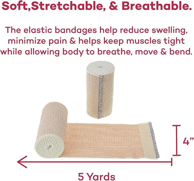 Dealmed 4" Elastic Bandage Wrap with Self-Closure – 2 Elastic Bandages, 5 Yards Stretched Compression Bandage Wrap, Wound Care Product for First Aid Kit and Medical Facilities
