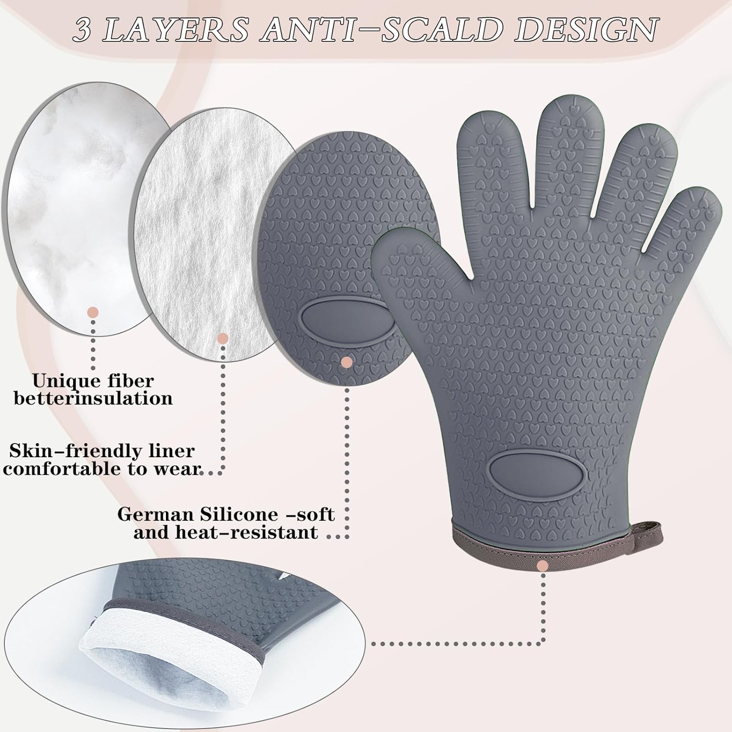 Oven Mitts with Fingers, Heat Resistant 500°F, Waterproof & Non-Slip Kitchen Gloves for Baking, Grilling, Cooking.5-Finger Design with Soft Lining, Hanging Hook,Gray