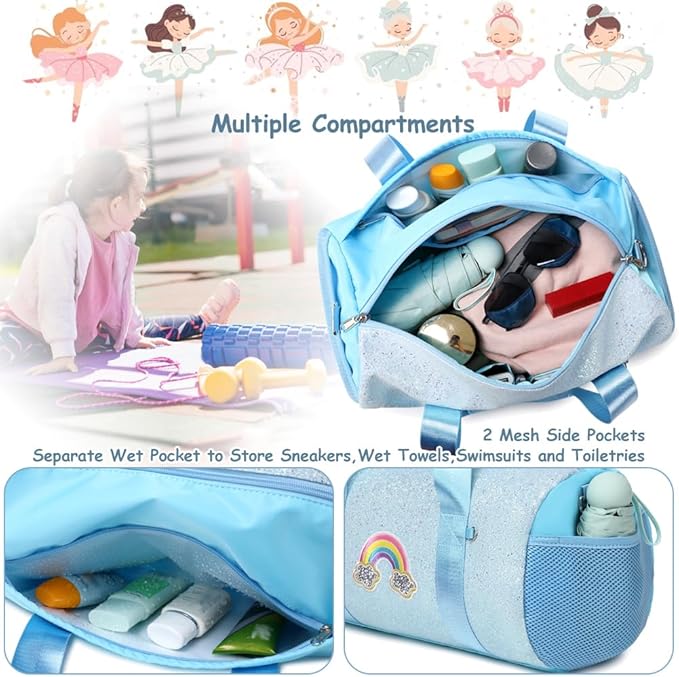 Dance Bag for Girls Rainbow Ballet Bag Shiny Glitter Ballerina Duffle Bag for Girls Crossbody Gym Duffle Bag with Waterproof Wet Pocket
