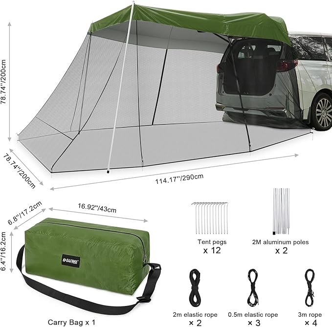 G4Free Car Awning Sun Shelter with Mosquito Net, Portable SUV Tent Tailgate Shade Canopy for Outdoor Camping Travel (Army Green)