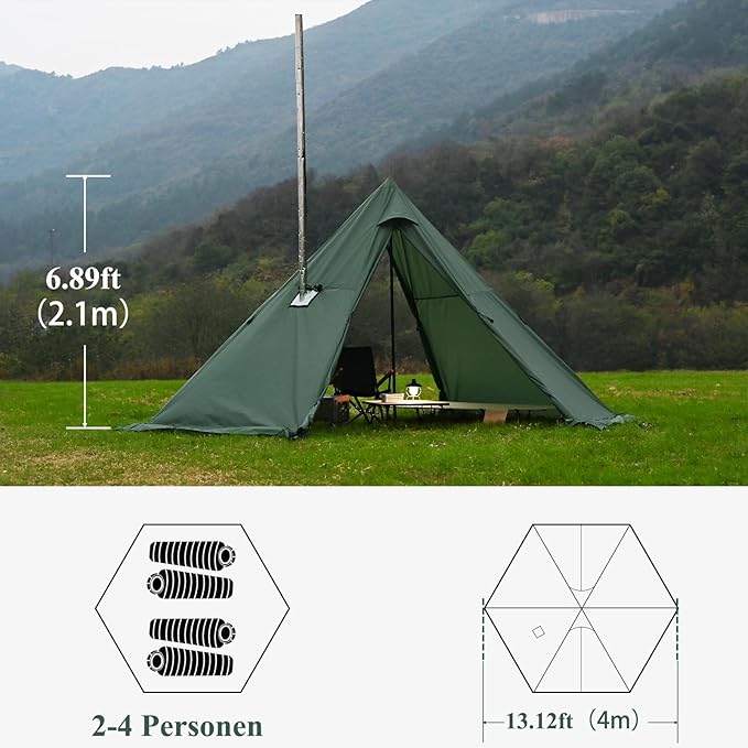 Hot Tent with Stove Jack and Snow Skirt, 6.89~8.53ft Standing Room, 2~5 Person, Tipi Tent for Family Hiking, Fishing, Hunting, Backpacking Camping