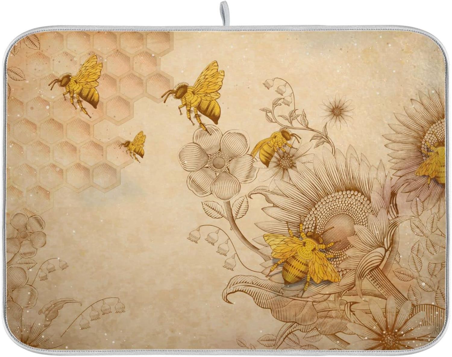 Super Absorbent Dish Drying Mat, Microfiber Fast-Drying Dish Mat, 24" x 18", Kitchen Dish Drying Pad, Sunflower Bee Retro