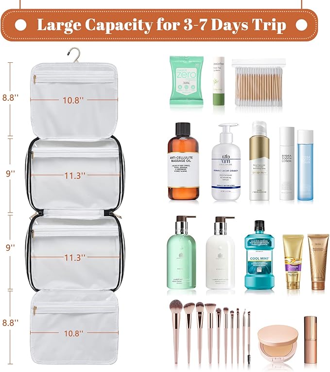 Hanging Travel Toiletry Bag,Large Capacity Cosmetic Travel Toiletry Organizer for Women with 4 Compartments & 1 Sturdy Hook,Perfect for Travel/Daily Use/Christmas