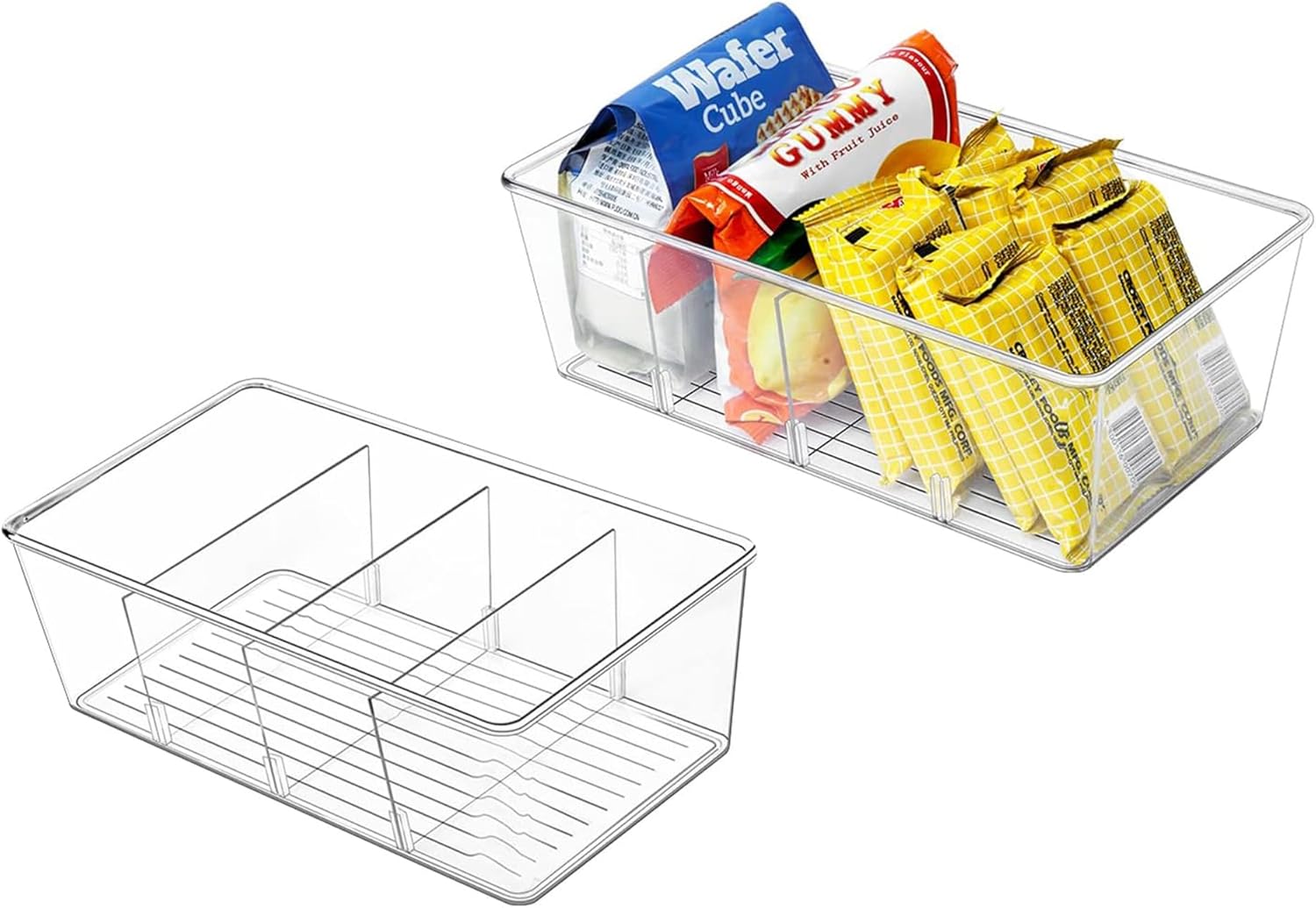 2 Pcs Clear Pantry Organizers and Storage,Plastic Storage Bins for Fridge with Removable Dividers, Kitchen Cabinet Organizers Ideal for Kitchen, Pantry, Refrigerator, Freezer, and Snack Storage