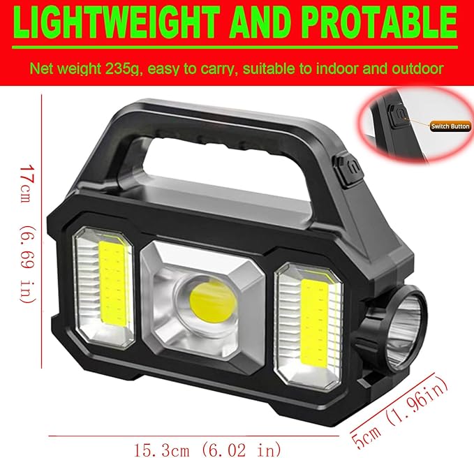 Solar Rechargeable LED Spotlight Flashlight, Super Bright 6000LM Handheld LED Searchlight, Multi-functional Portable Lamp Camping Lantern Flashlight, 6 Light Modes, Power Bank, IPX4 Waterproof