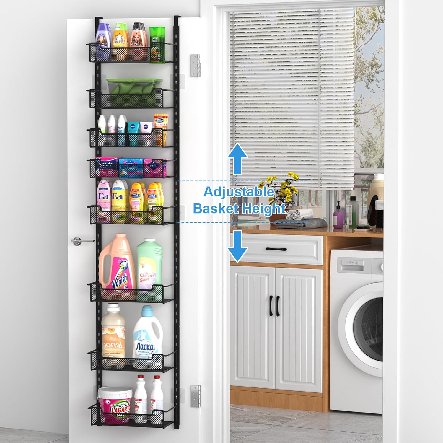 12.3" W Narrow Over the Door Pantry Organizer, 8-Tier Over the Door Organizer with Adjustable Basket, Pantry Door Organization for Pantry Kitchen Storage Room Spice Rack, Black