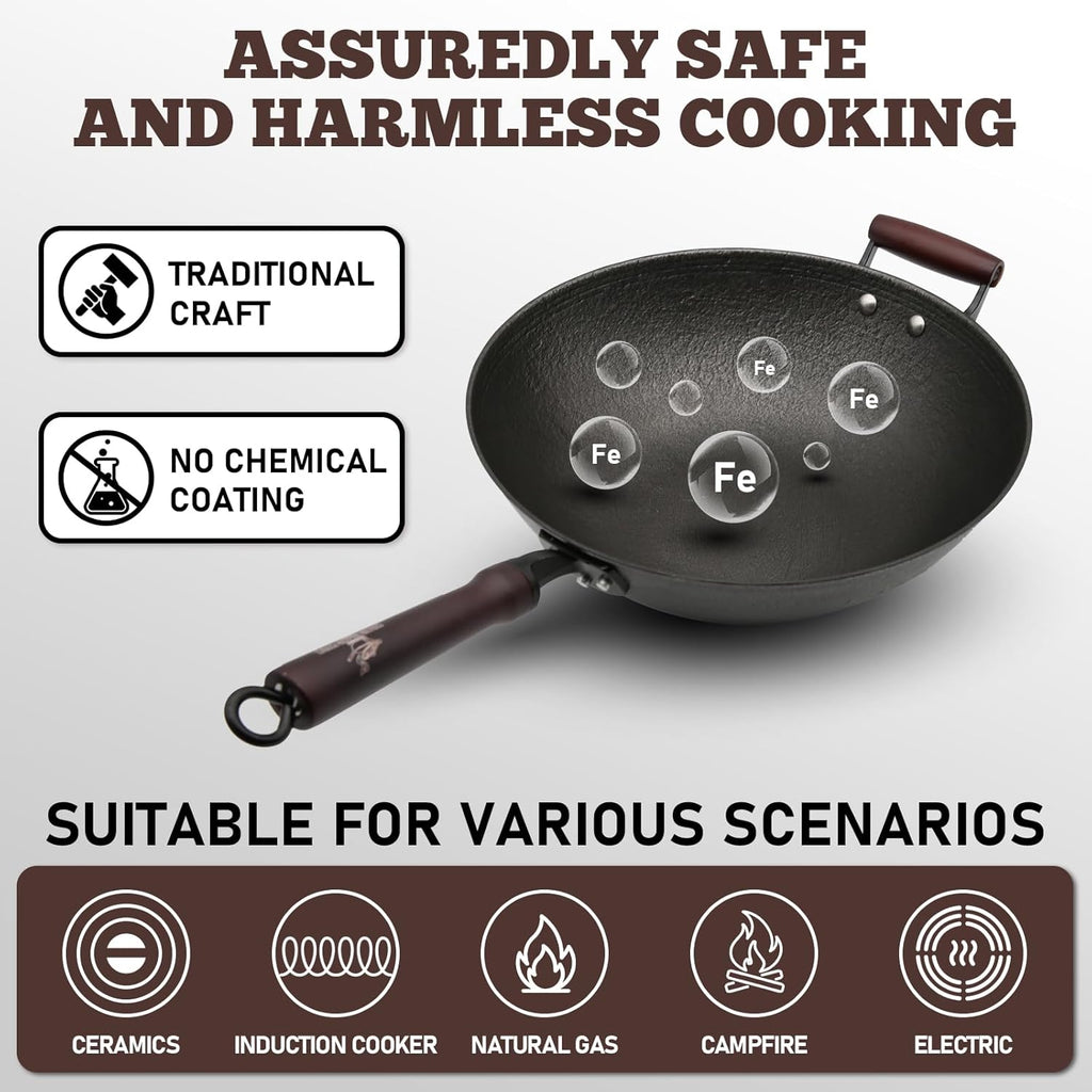 HONGJIANG Cast Iron Wok Pan, 13.4" Pre-Seasoned Flat Bottom Wok,Coating-Free Wok Stir Fry Pan With Glass Lid,Compatible Traditional Chinese Wok For Induction, Electric, Gas,Open Fire