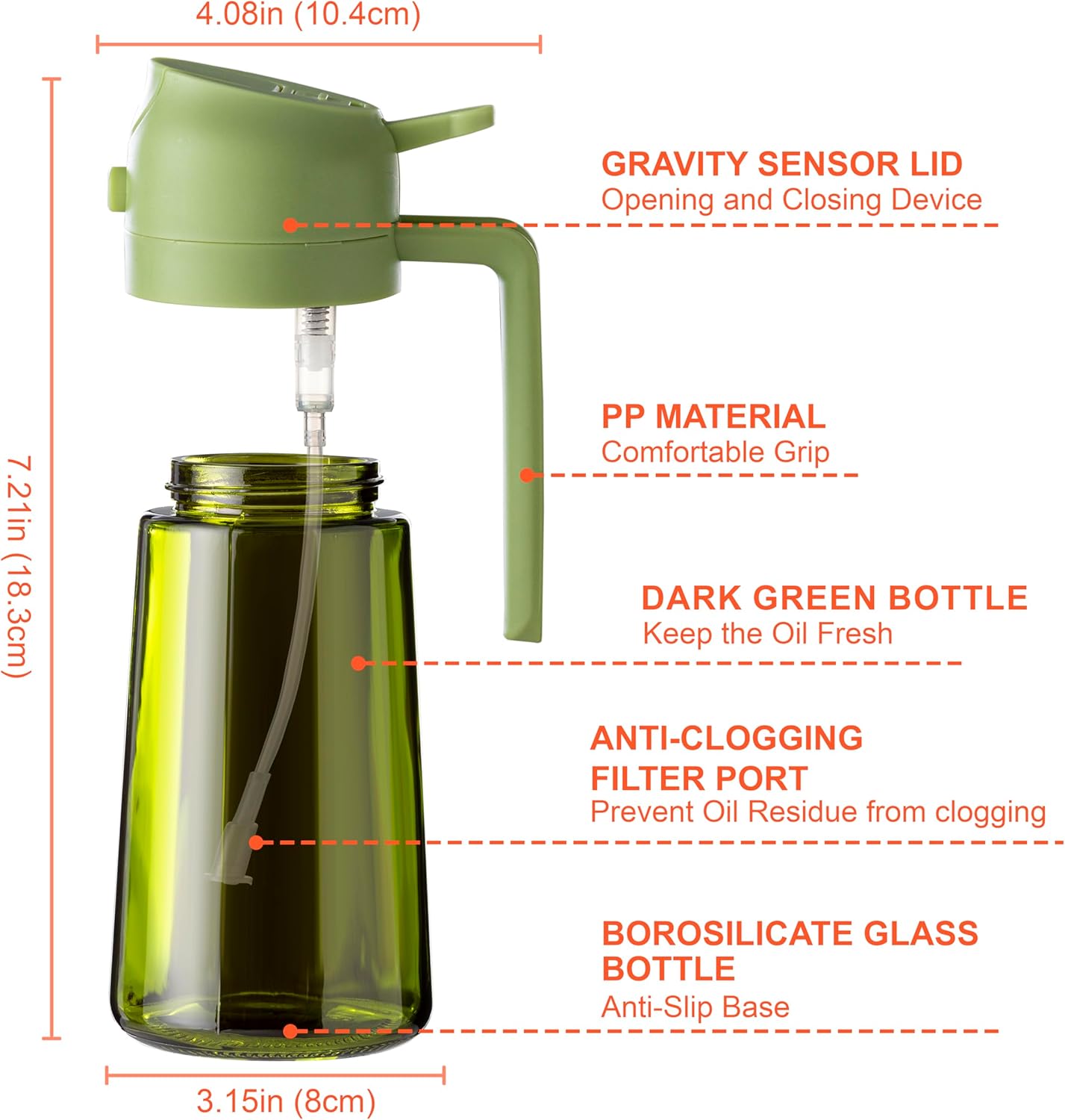 CXINYI - 16oz/470ml Olive Oil Dispenser for Kitchen with Stickers - 2 in 1 Olive Oil Sprayer for Cooking, Air Fryer, and Salad, Green (Light-Proof Kitchen Gadget)