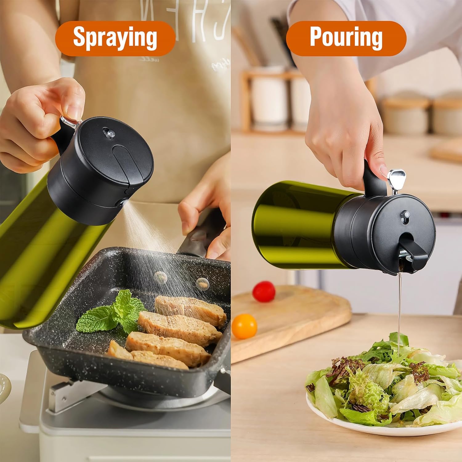 2 PCS Glass Olive Oil Dispenser for Kitchen, 2 In 1 Oil Dispenser Bottle & Oil Sprayer for Cooking, Auto Flip Cap, 17oz Black (Light Blockage)