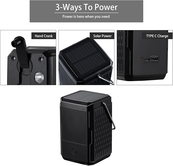 2 Pack Camping Lantern Rechargeable, Hand Crank & Solar Camping Lights with USB Output, Tent Lights for Camping, Portable Camp Lamp, Camping Hurricane Home Power Failure Essentials (Black, 2 Pack)