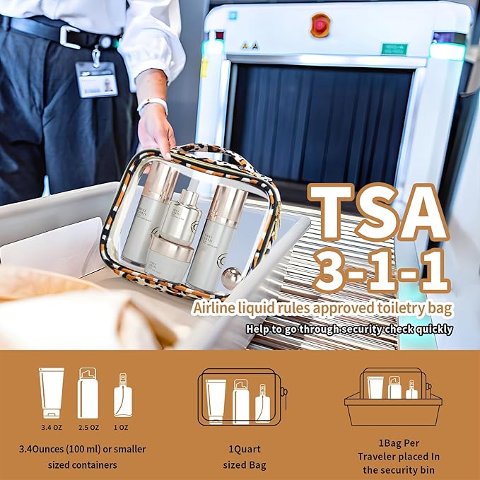 TSA Approved Travel Toiletry Bag,3 Pack Clear Makeup Bags with Handles,Quart Size Clear Cosmetic Bags for Traveling Women,Men,Carry on Airport Airline Compliant Bag,Leopard