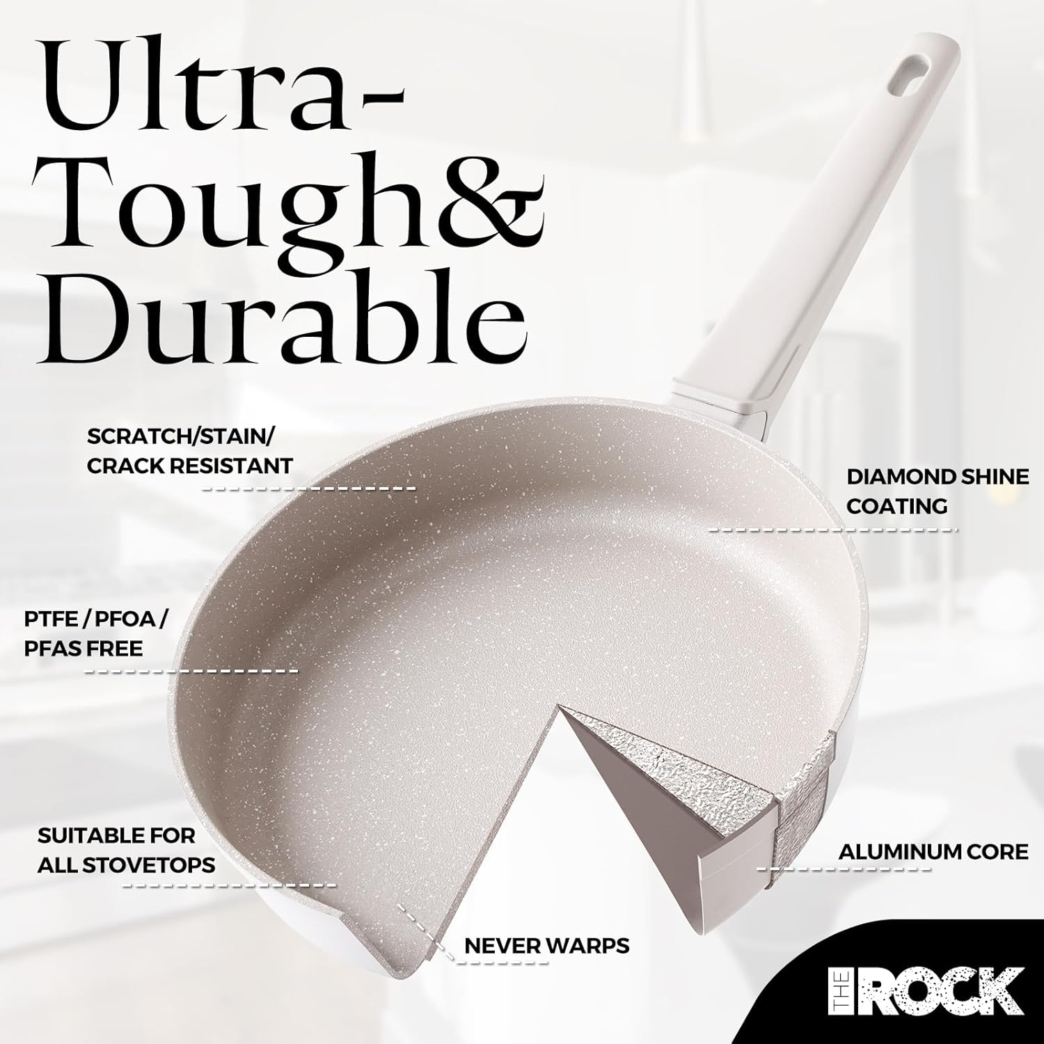 THE ROCK SOHO 8-Inch Non Stick Frying Pan with Lid–Nothing Sticks, Never Warps, Lasts Longer, Ceramic Non Toxic Skillet with Heat-Resistant Handle, PTFE PFOA & PFAS Free, Oven & Dishwasher Safe, Cream