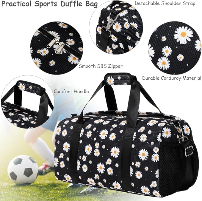 Dance Bag for Girls Gym Bag Sports Duffle Bag with Shoes Compartment Wet Pocket Weekender Overnight Bag for Girls Women Teens Corduroy Daisy Travel Duffle Bag