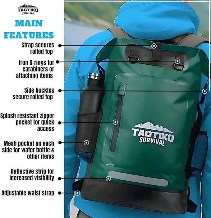 TACTIKO 30L Heavy-Duty 100% Waterproof Backpack, Roll Top Dry Bags for Kayaking, Hiking, Camping, Survival