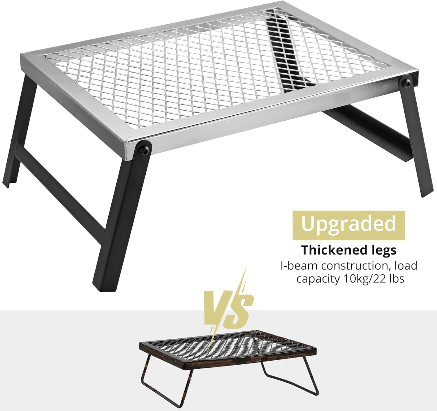 Folding Campfire Grill, 16" x 12" Heavy Duty Steel Mesh Grate Chrome Finish with Folding Legs, Portable Campfire Cooking Equipment, for Camping Outdoor BBQ Cooking Open Fire, Silver