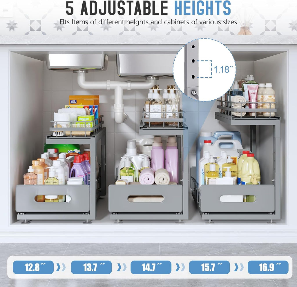2 Pack 18 IN Depth Under Sink Organizer with Smooth Ball Bearing Slides,2-Tier Pull Out Cabinet Storage,Slide Out Drawers for Bathroom&Kitchen,Rust-resistant Coating,Height Adjustable-Gun Gray