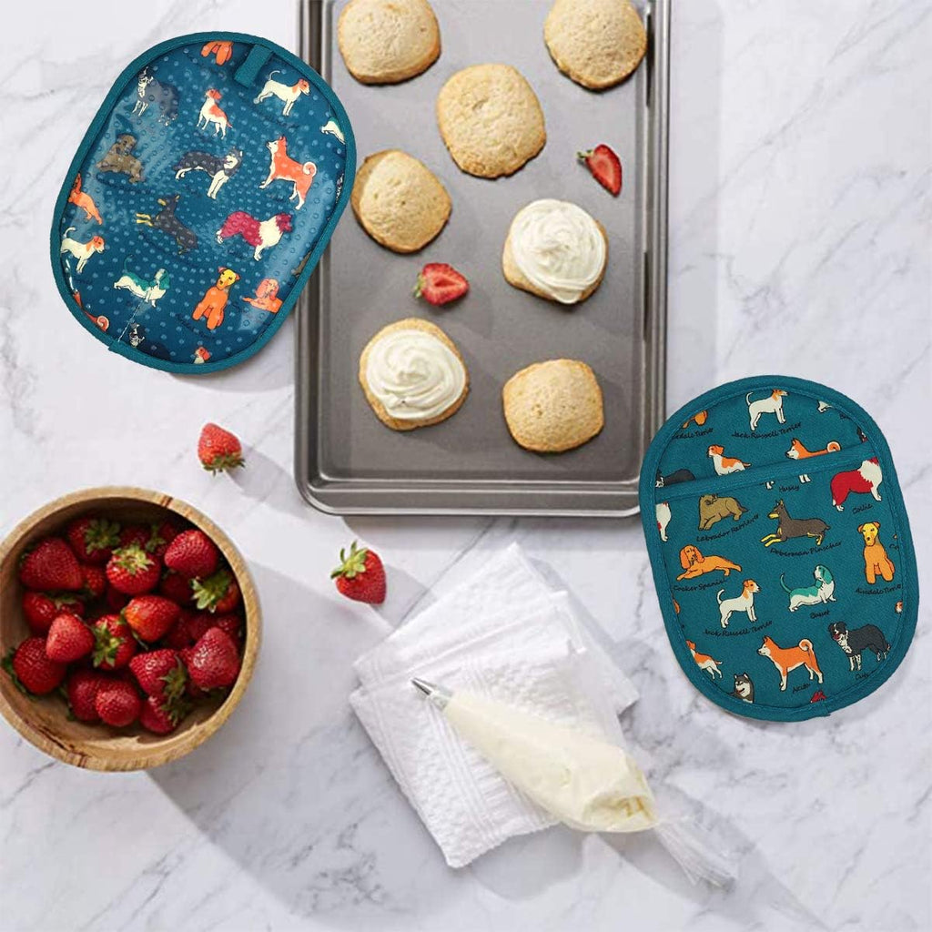 Pot Holders Set of 2 with Transparent Clear Silicone Shell and Nice Dog Flower Cotton Lining, Heat Resistant to 500 F Kitchen Oven Gloves Pot Holder for Cooking (Blue Dog, Potholders)