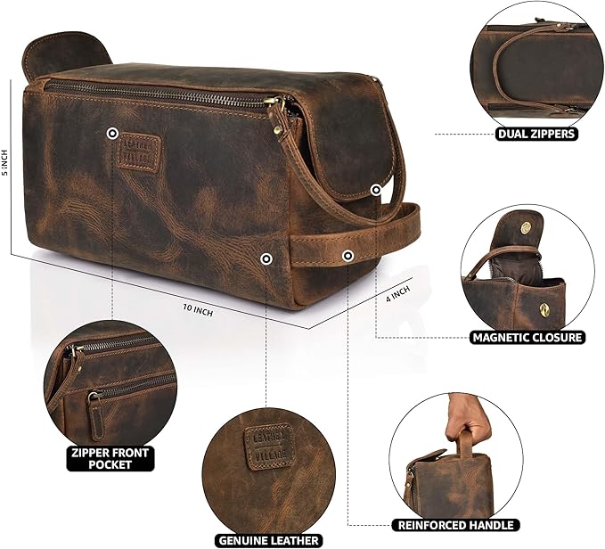 LEATHER VILLAGE Premium Leather Travel Toiletry Bag - Unisex Water-Resistant Travel Dopp Kit, Shaving & Cosmetic Organizer for Men & Women - Compact Bathroom Essentials - Rustic Brown