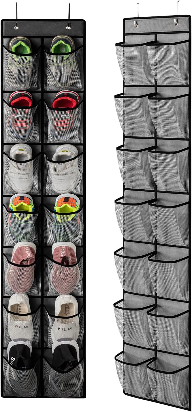 KEEPJOY Over the Door Shoe Organizer, Hanging Shoe Organizer with 4 Hooks,Door Shoe Holder with 14 Mesh Deep Pockets Closet Door Shoe Storage Bag (Grey-2Pack)