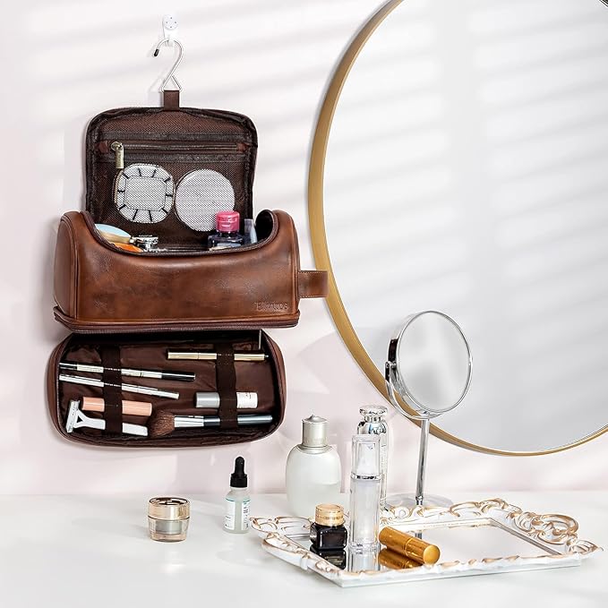 Elviros Toiletry Bag for Mens PU Leather Travel Organizer Kit with Hanging hook, Large Water-resistant Toiletries Bathroom Shaving Bags (Dark Brown)