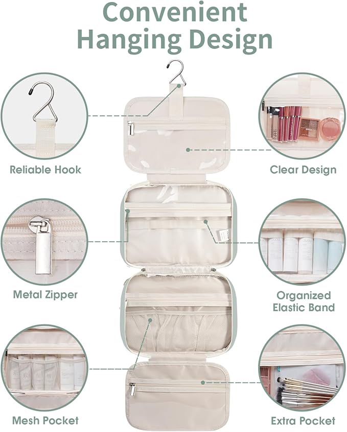 Travel Toiletry Bag for Women Large Hanging Makeup Bag Organizer Toiletries Bag for Full Size Essentials Accessories Cosmetics (Mint Green (Large))