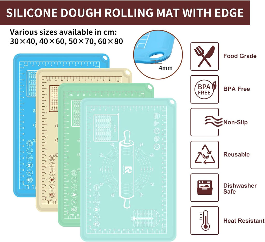 Silicone Baking Mat 20"L x 28"W, Extra Thick Dough Rolling Pad with Measurements and Edge Heightening, Non-stick Food Grade Silicone Pastry Mat for Pastry, Bread, Cookies
