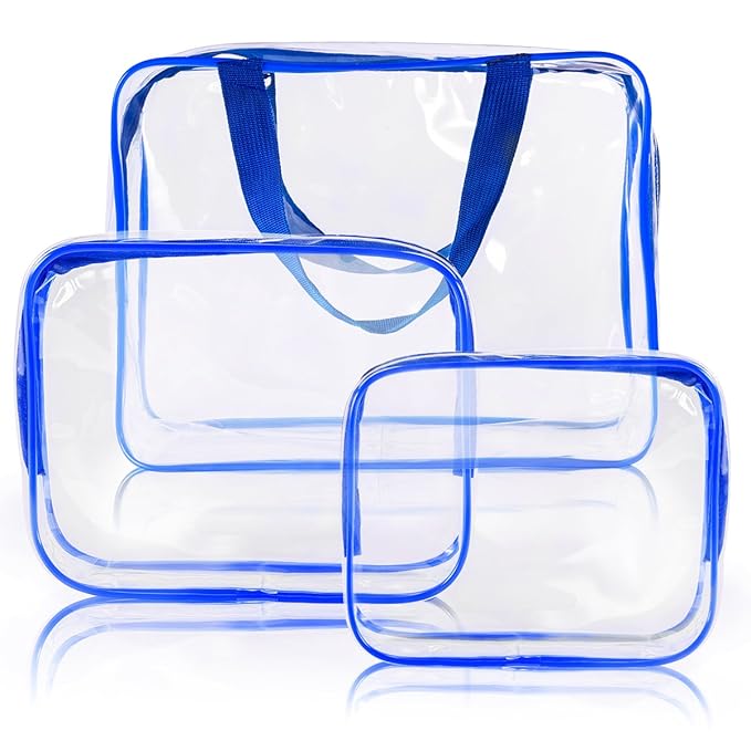 3Pcs Crystal Clear PVC Travel Toiletry Bag Kit for Women Men, Waterproof Vinyl Organizer Clear Makeup Bags with Zipper Handle Straps, Cosmetic Bag Pouch Carry on Airport Airline Compliant Bag Handbag