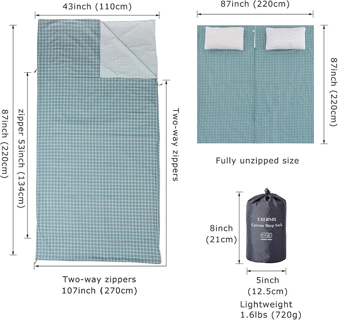 100% Cotton Sleeping Bag Liner with Full Length Zipper on 3 Sides; Single/Double Adult Sleep Sack for Travel & Camping, Multifunctional Travel Sheets (Unzipped 87”x87”) for Hotel, Lightweight