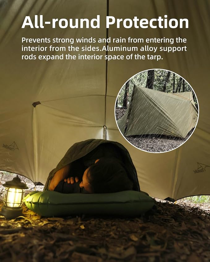 Ultralight Tarp, 14ft Hammock Rain Fly Lightweight Waterproof Camping Tent Tarp with Doors, Bushcraft Tarp Shelter for Backpacking Hiking Camping