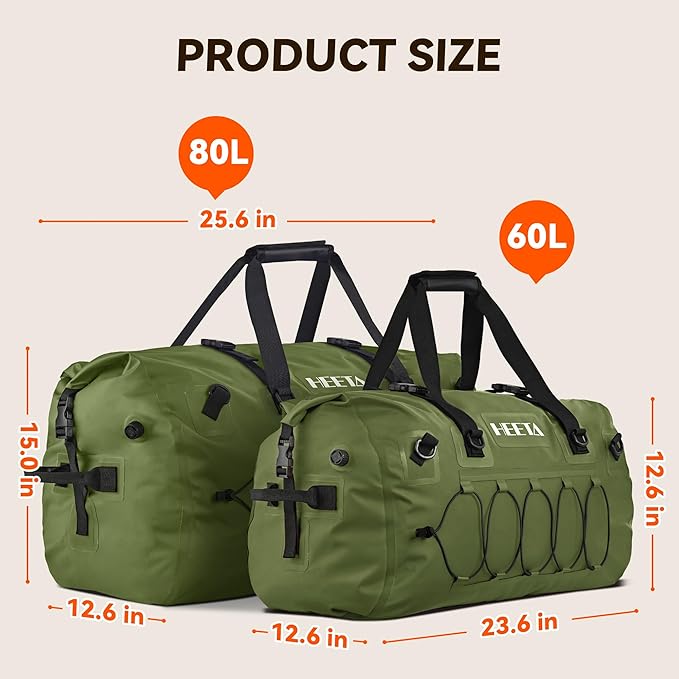 HEETA Waterproof Duffel Bag Motorcycle Dry Bag Backpack, Extra Large Rolltop Travel Duffle Bags with Straps & Handles for Kayaking Rafting Boating Canoeing Camping Gym Beach (Green, 80L)