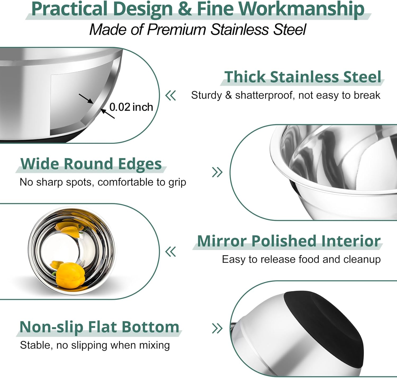 TeamFar Mixing Bowls, 5PCS Stainless Steel Serving Salad Bowls with Lids, For Kitchen Mixing/Baking/Storing/Prepping, Visible & Airtight, Non-Slip Bottom - 4.6/3.5/1.5/1 / 0.7 QT, Black