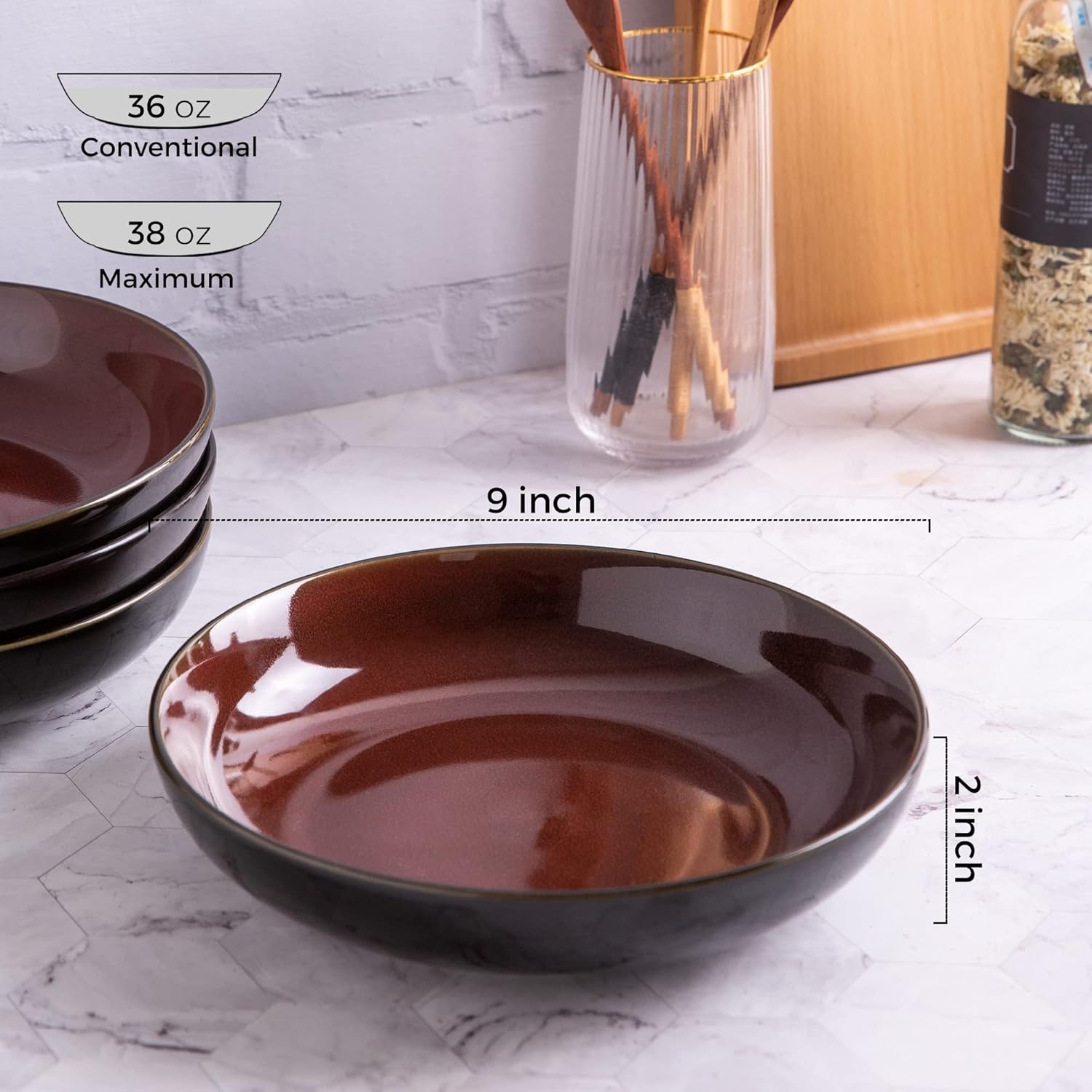 LERATIO Large Pasta Bowls,38oz Ceramic Pasta Bowls,9.0" Reactive Glaze Pasta Bowl Set of 4,Microwave & Dishwasher,Oven Safe,Wide Serving Bowls for Salad,Dessert,Fruit-Reddish Brown