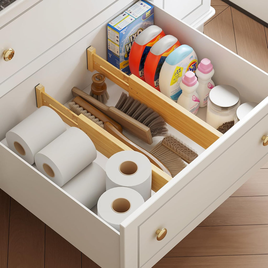 BAMEOS 4 pcs 3" High Bamboo Drawer Dividers Adjustable Drawer Organizer Expandable Drawer Organization Utensil Organizers for Kitchen Dresser Bathroom Bedroom and Office