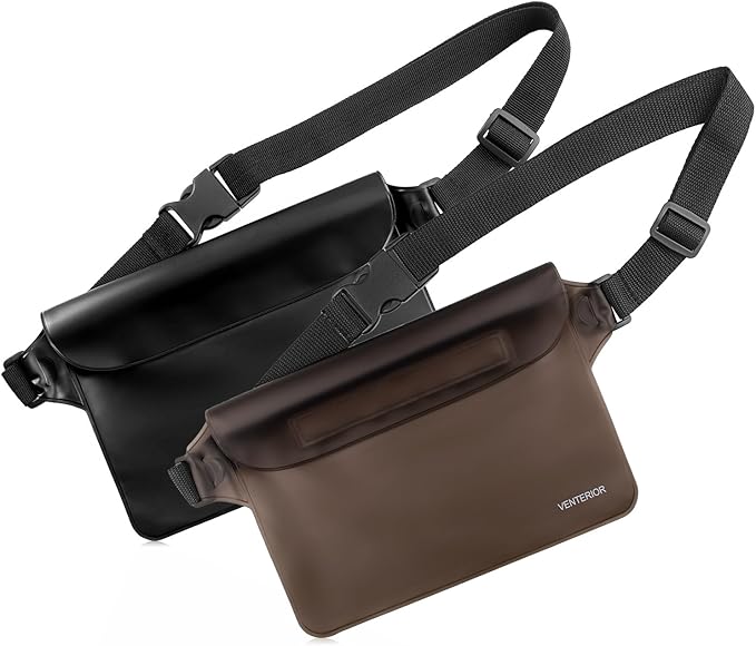 Waterproof Waist Pouch 2-Pack | Beach Accessories Fanny Pack for Swimming Snorkeling Sailing Kayaking Beach Pool Water Parks | Keep Your Phone Wallet Safe and Dry (White & Black)