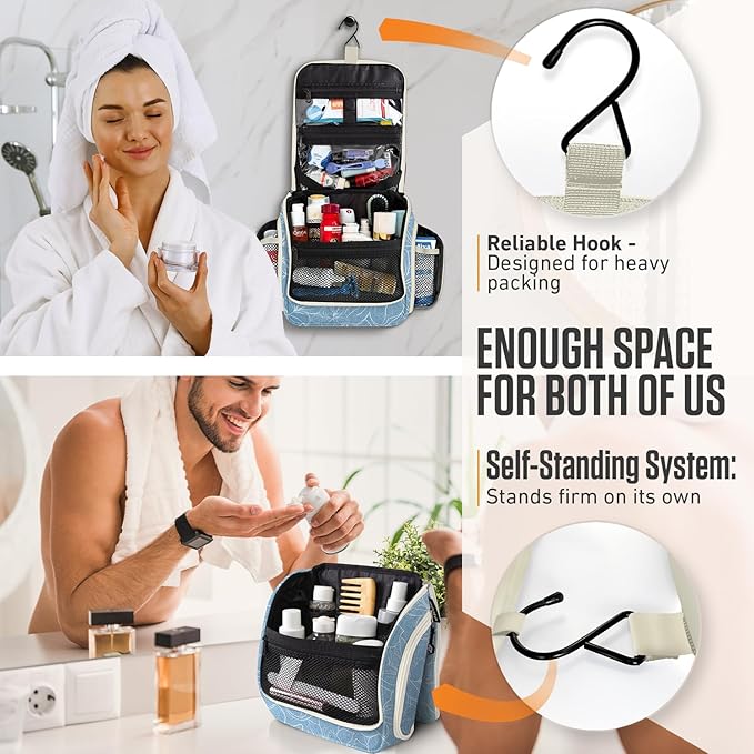 VENTURE 4TH Hanging Travel Toiletry Bag for Women & Men - Travel Organizer with Expandable Compartments & Removable Clear Pouch for Toiletries (Blue Flowers)