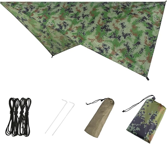 Azarxis Hammock Camping Tarp Rain Fly, Waterproof Tent Footprint Shelter Canopy Sunshade Cloth Picnic Mat for Outdoor Awning Hiking Beach Backpacking - Included Guy Lines & Stakes