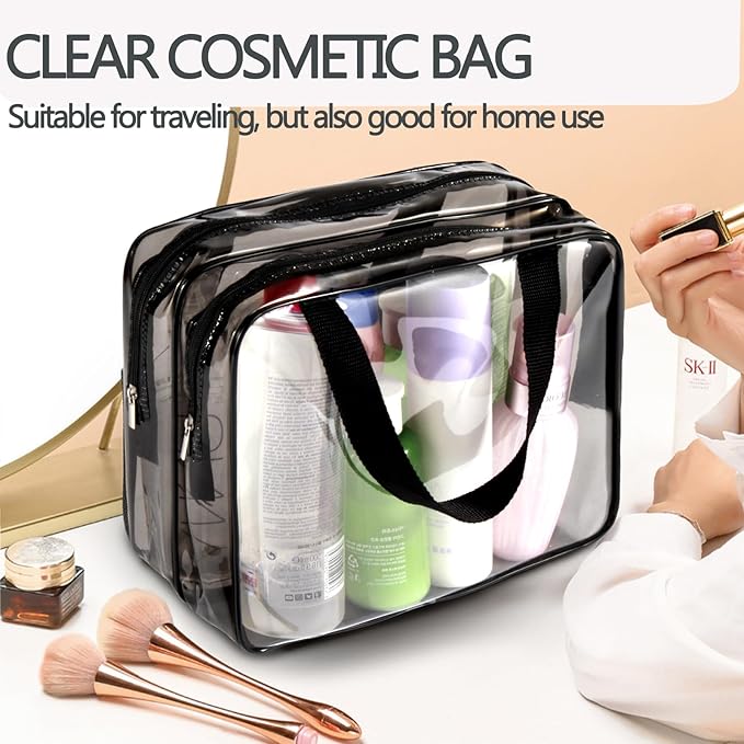 3Pcs Crystal Clear PVC Travel Toiletry Bag Kit for Women Men, Waterproof Vinyl Packing Organizer Storage Bags with Zipper Handle Straps, Cosmetic Pouch Carry on Airport Airline Compliant Bag Handbag