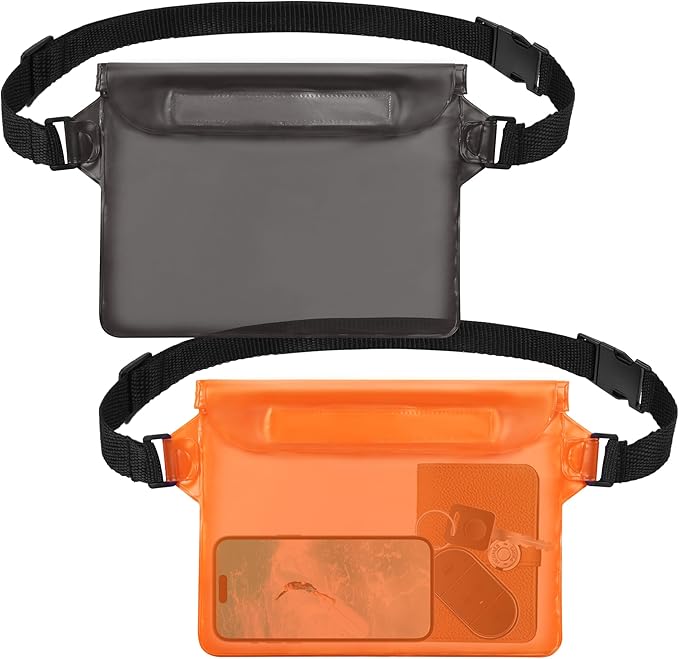 2-Pack Waterproof Pouch with Adjustable Waist Strap, Waterproof Dry Bag, Keeps Cell Phones and Valuables Safe and Dry, Perfect for Kayaking, Beach, Camping and Swimming (Black)