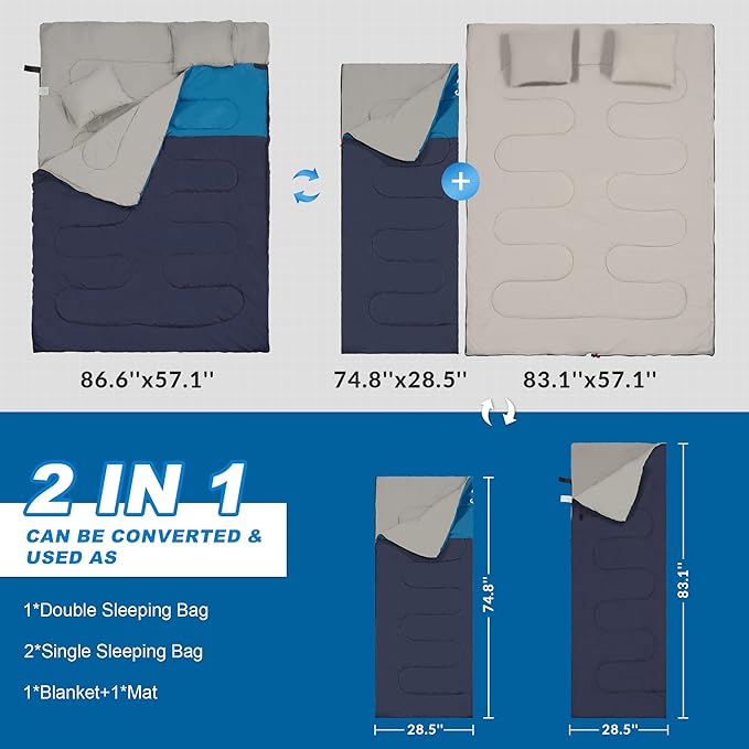Double Sleeping Bag with 2 Pillows for Adults, Queen Size XL Sleeping Bag Waterproof, Compact with Compression Sack, 2 Person Sleeping Bags for 3-4 Seasons Camping, Backpacking, Hiking, Travel