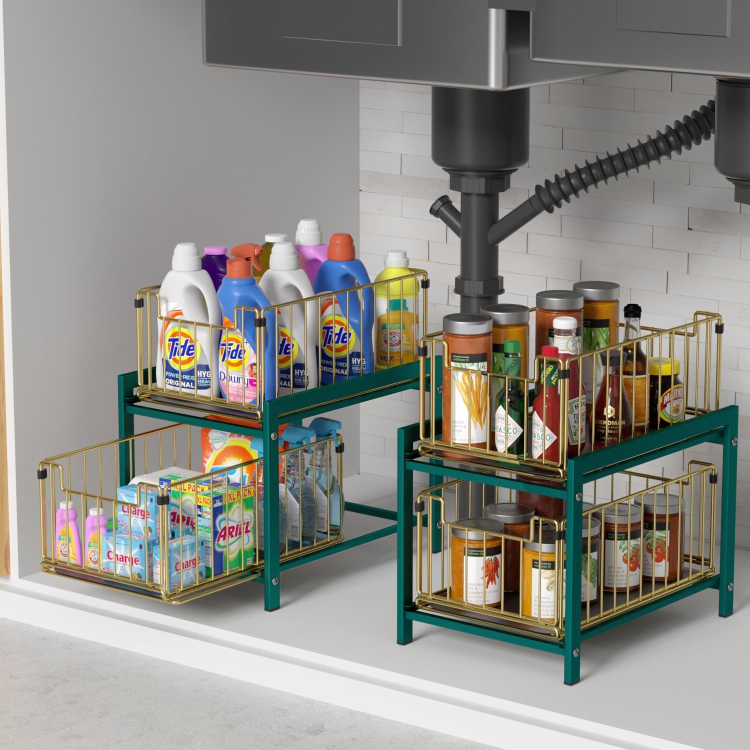 2 Tier Sliding Basket Drawer Organizer, Lxmons Pull Out Under Sink Cabinets Organizers, Metal Home Shelf for Bathroom or Kitchen, Sliding Countertop or Pantry Storage Shelf, Large Gold Green