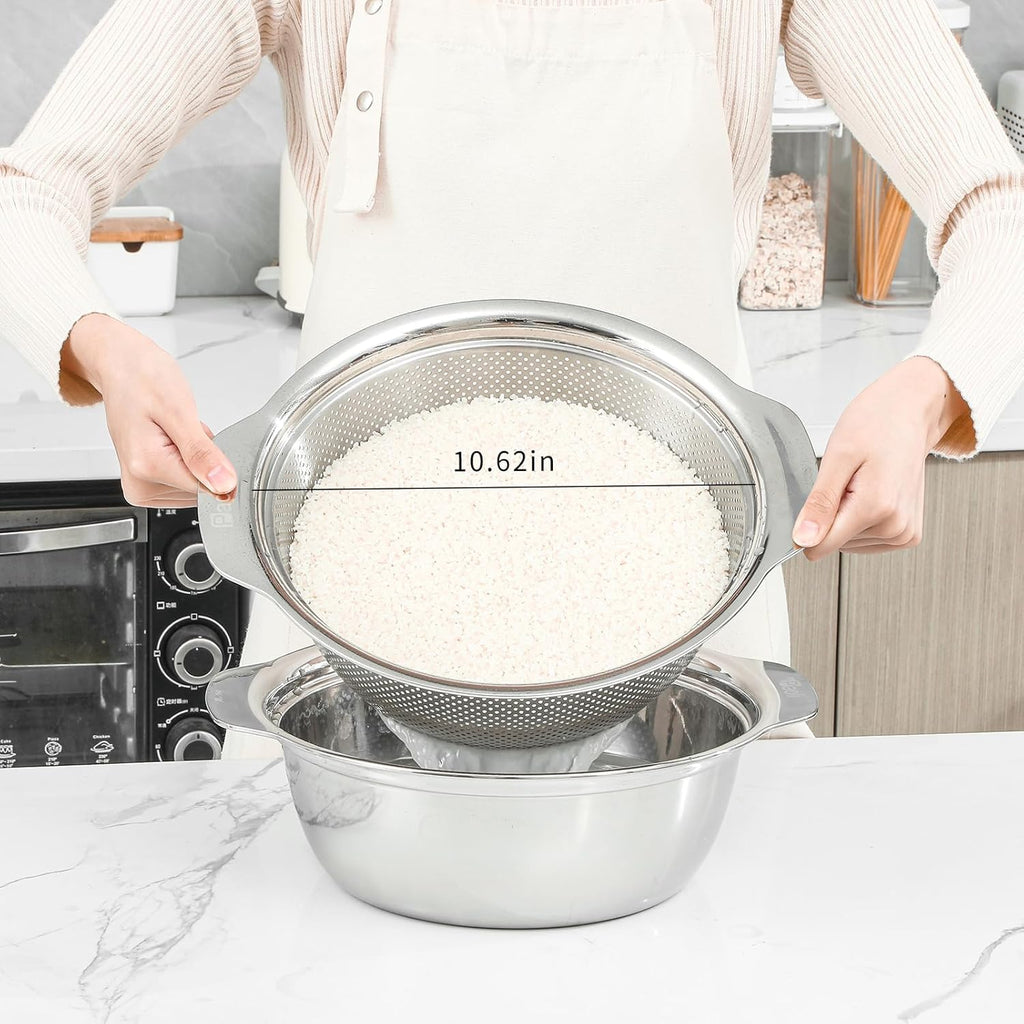 304 Stainless Steel Microporous Colander with Handle, Rice Washers Microporous Strainer Set For washing vegetables, fruits and rice, and draining cooked pasta.