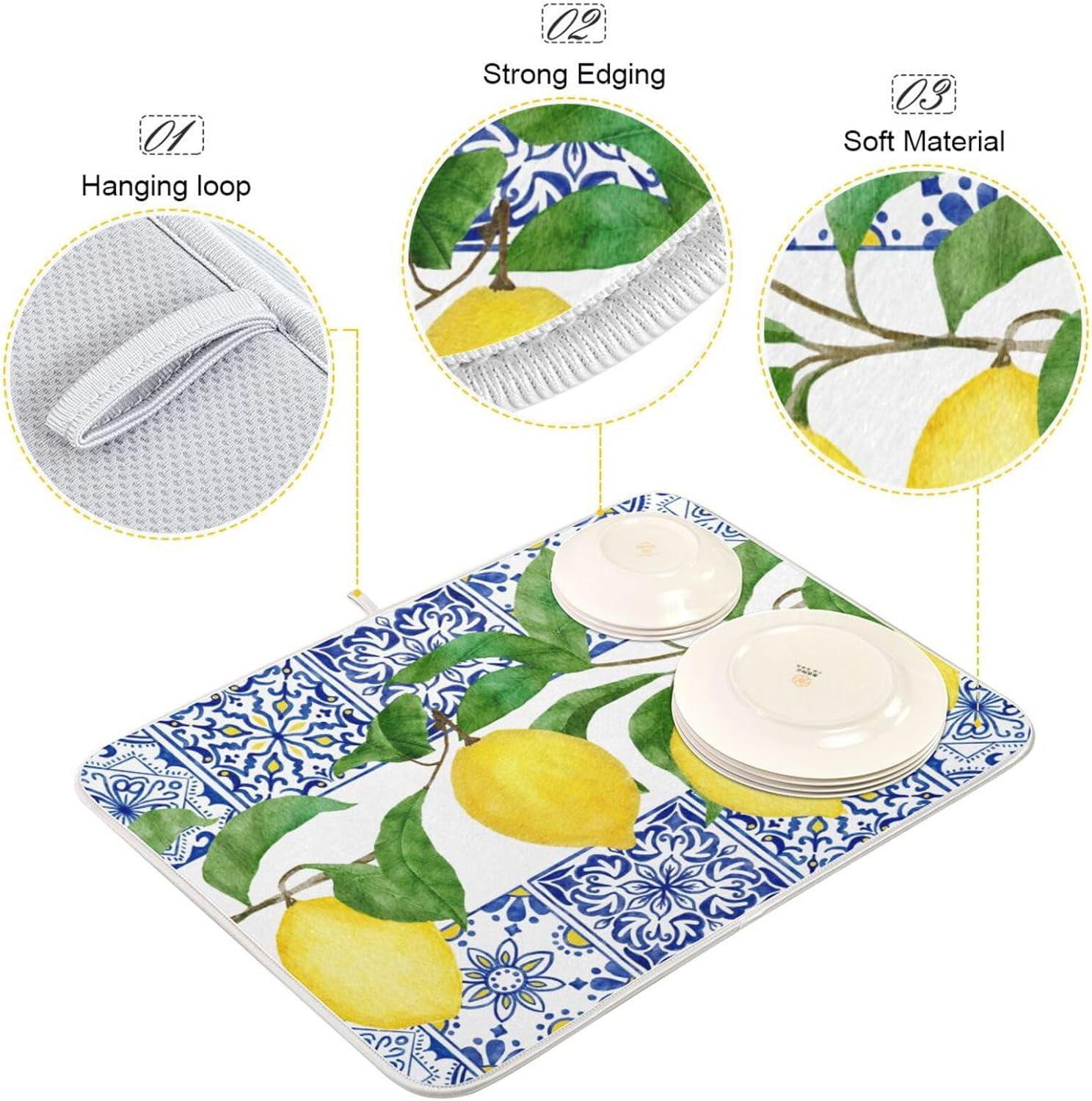 Lemon Blue Tiles Dish Drying Mat for Kitchen Counter Absorbent Microfiber Drying Pad, Medium 16x18 in, Reversible Drainer Mats