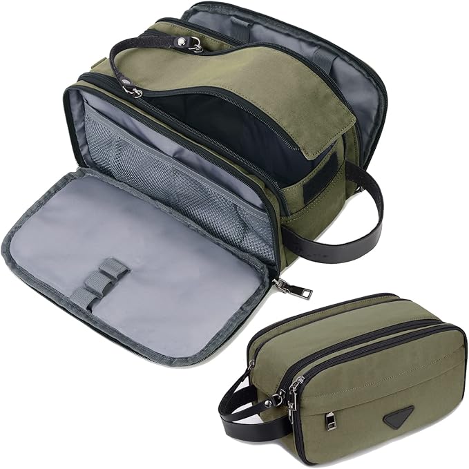 Mens Toiletry Bag Travel Leather Toiletry Organizer Dopp Kit for Men Water-resistant Shaving Bag for Bathroom (Green)