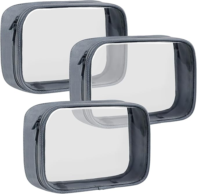 Moyad TSA Approved Clear Toiletry Bag, 3 Pack Quart Size 3-1-1 Liquids Pouch for Travel, Transparent Makeup & Cosmetic Organizer for Women Men, Grey