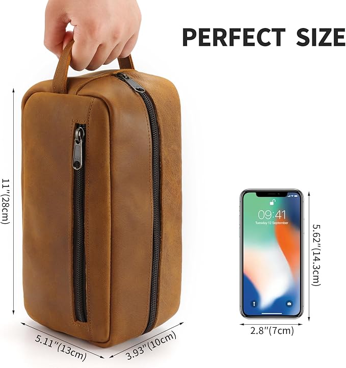 Ringsun Leather Travel Toiletry Bag for Men, Full Grain Leather Dopp Kit Shaving Bag Travel Organizer, Bourbon Brown