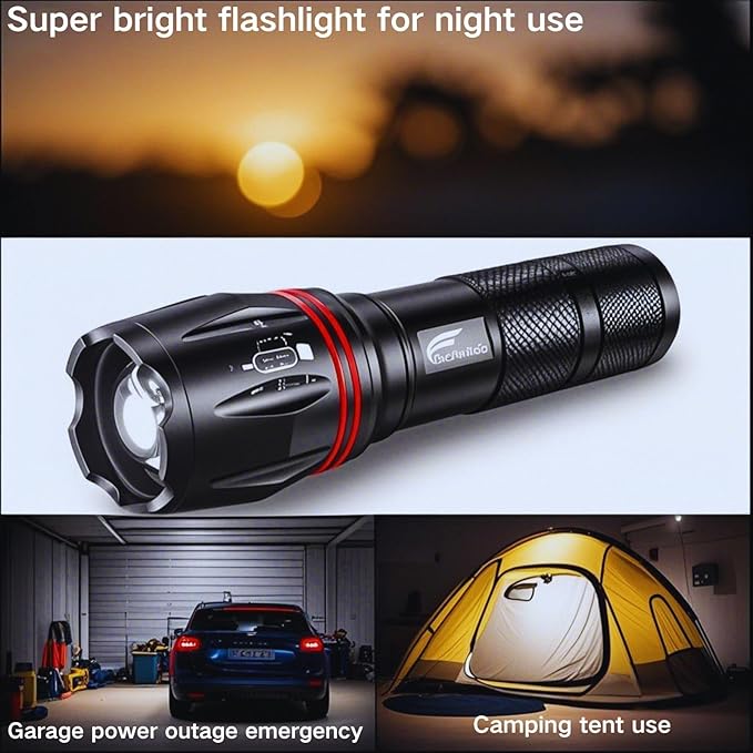 HAUSBELL LED A100 Flashlight Bright, Zoomable Tactical Flashlights Flash Light with High Lumens and Five Modes for Emergency and Outdoor Use Camping Accessories, 4 Pack
